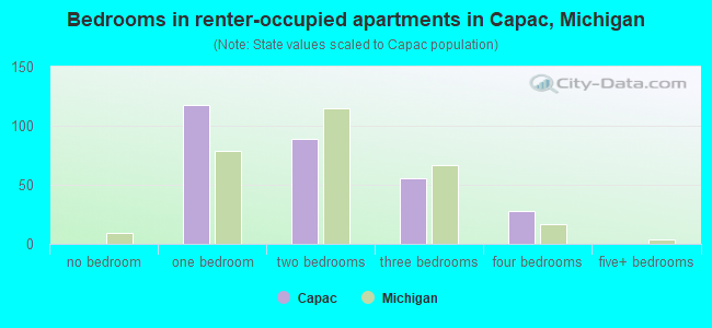 Bedrooms in renter-occupied apartments in Capac, Michigan