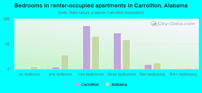 Bedrooms in renter-occupied apartments in Carrollton, Alabama