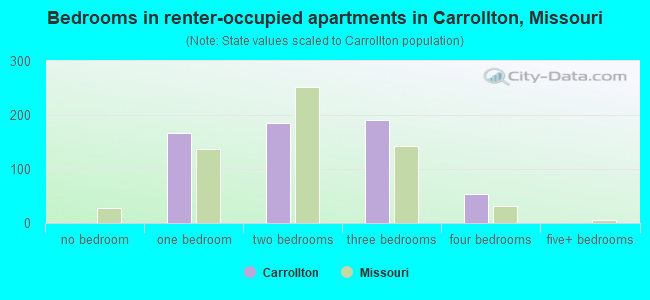 Bedrooms in renter-occupied apartments in Carrollton, Missouri
