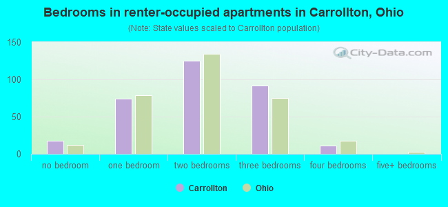 Bedrooms in renter-occupied apartments in Carrollton, Ohio