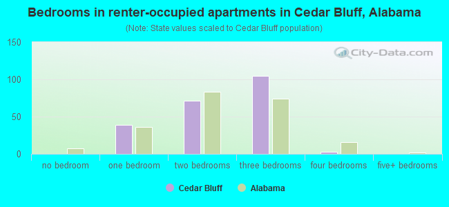 Bedrooms in renter-occupied apartments in Cedar Bluff, Alabama