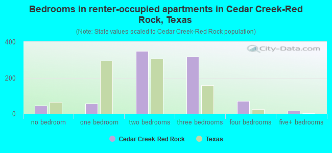 Bedrooms in renter-occupied apartments in Cedar Creek-Red Rock, Texas