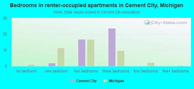 Bedrooms in renter-occupied apartments in Cement City, Michigan