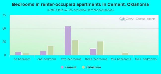 Bedrooms in renter-occupied apartments in Cement, Oklahoma