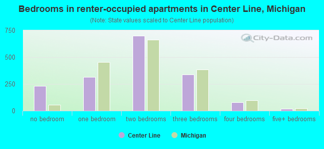 Bedrooms in renter-occupied apartments in Center Line, Michigan