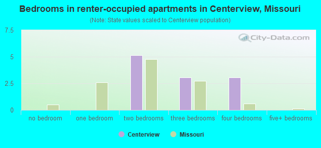 Bedrooms in renter-occupied apartments in Centerview, Missouri