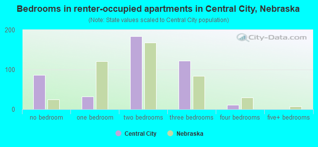 Bedrooms in renter-occupied apartments in Central City, Nebraska