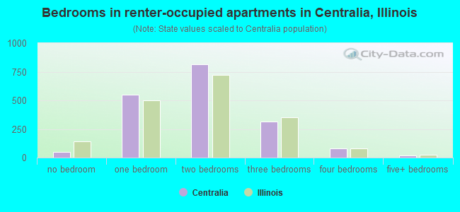 Bedrooms in renter-occupied apartments in Centralia, Illinois