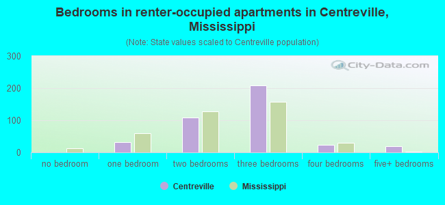 Bedrooms in renter-occupied apartments in Centreville, Mississippi