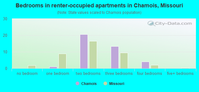 Bedrooms in renter-occupied apartments in Chamois, Missouri