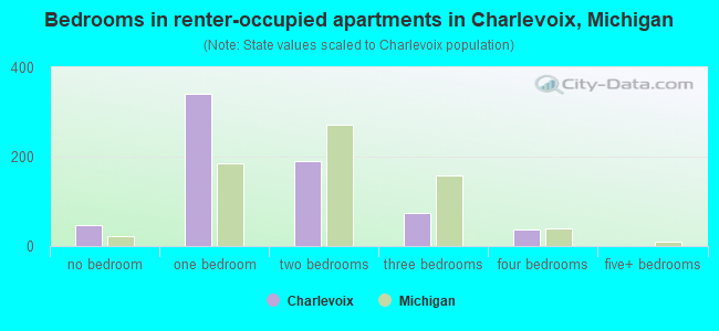 Bedrooms in renter-occupied apartments in Charlevoix, Michigan