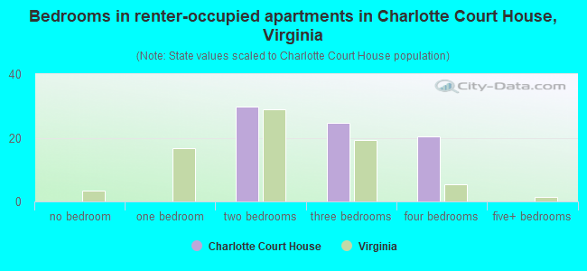 Bedrooms in renter-occupied apartments in Charlotte Court House, Virginia