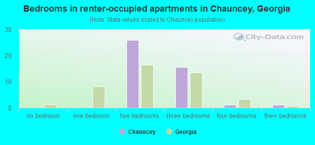 Bedrooms in renter-occupied apartments in Chauncey, Georgia