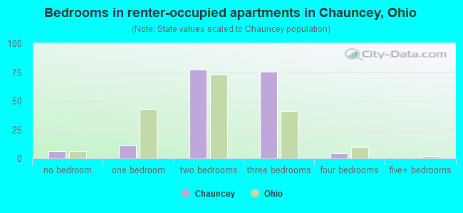 Bedrooms in renter-occupied apartments in Chauncey, Ohio