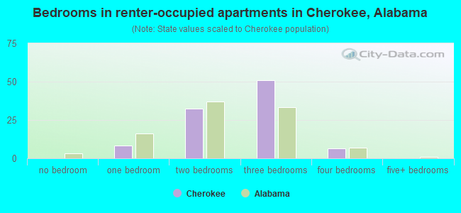 Bedrooms in renter-occupied apartments in Cherokee, Alabama