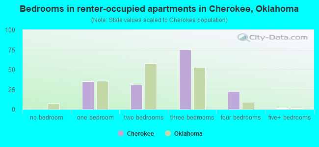 Bedrooms in renter-occupied apartments in Cherokee, Oklahoma