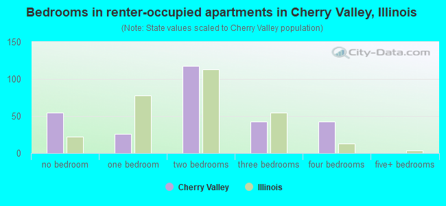 Bedrooms in renter-occupied apartments in Cherry Valley, Illinois