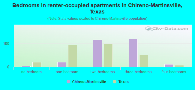 Bedrooms in renter-occupied apartments in Chireno-Martinsville, Texas