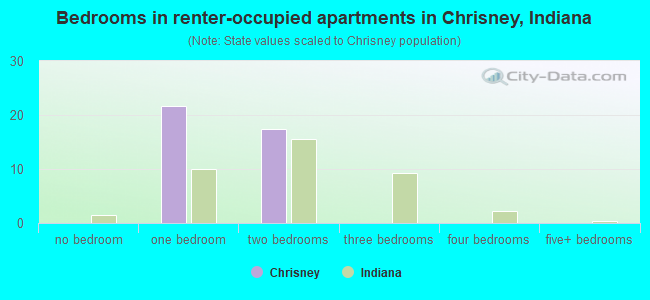 Bedrooms in renter-occupied apartments in Chrisney, Indiana