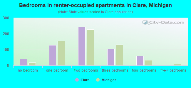 Bedrooms in renter-occupied apartments in Clare, Michigan