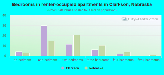 Bedrooms in renter-occupied apartments in Clarkson, Nebraska