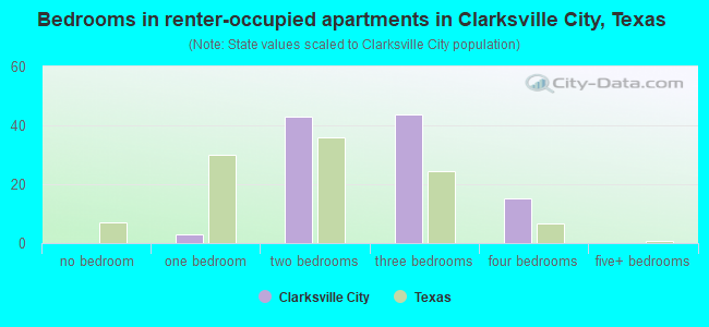 Bedrooms in renter-occupied apartments in Clarksville City, Texas