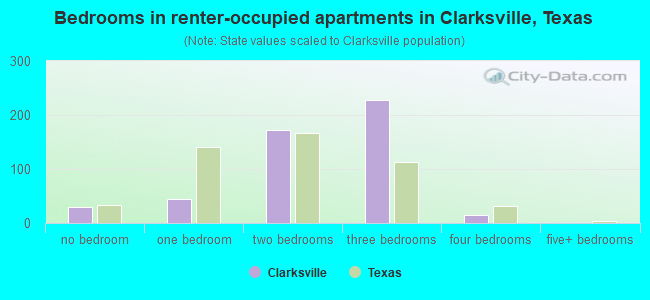 Bedrooms in renter-occupied apartments in Clarksville, Texas