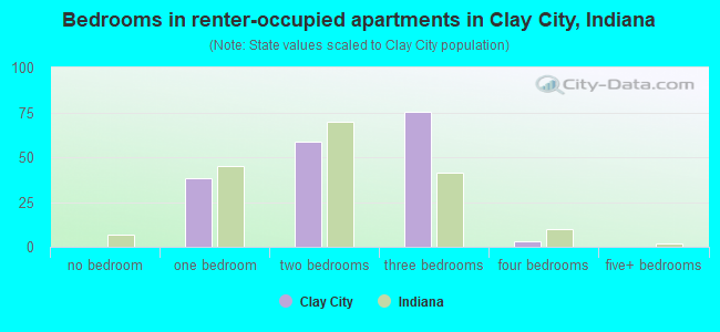 Bedrooms in renter-occupied apartments in Clay City, Indiana