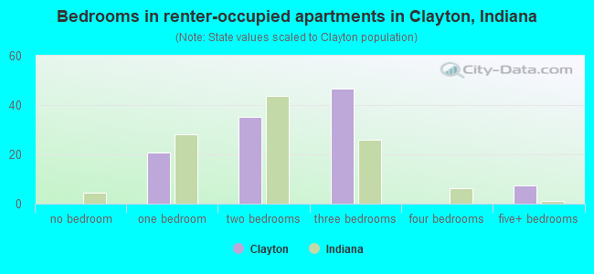 Bedrooms in renter-occupied apartments in Clayton, Indiana