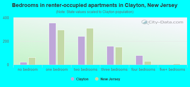 Bedrooms in renter-occupied apartments in Clayton, New Jersey