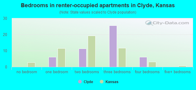 Bedrooms in renter-occupied apartments in Clyde, Kansas