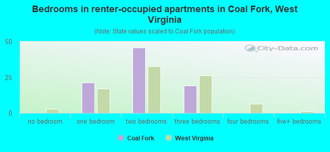 Bedrooms in renter-occupied apartments in Coal Fork, West Virginia