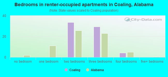 Bedrooms in renter-occupied apartments in Coaling, Alabama