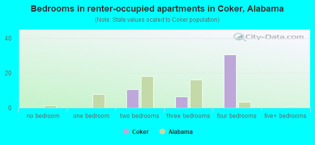 Bedrooms in renter-occupied apartments in Coker, Alabama