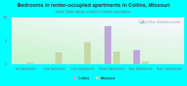 Bedrooms in renter-occupied apartments in Collins, Missouri