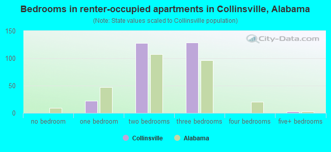Bedrooms in renter-occupied apartments in Collinsville, Alabama