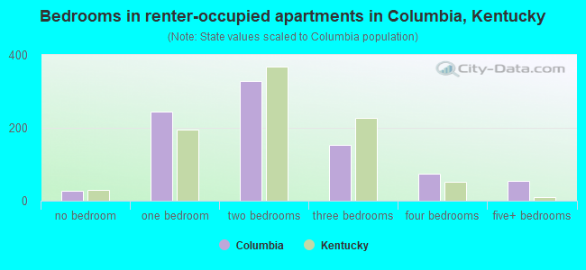 Bedrooms in renter-occupied apartments in Columbia, Kentucky