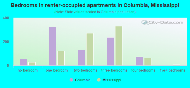Bedrooms in renter-occupied apartments in Columbia, Mississippi