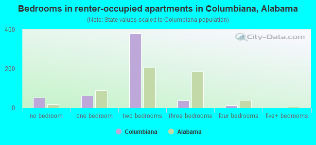 Bedrooms in renter-occupied apartments in Columbiana, Alabama