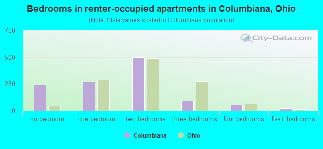Bedrooms in renter-occupied apartments in Columbiana, Ohio