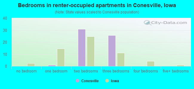 Bedrooms in renter-occupied apartments in Conesville, Iowa