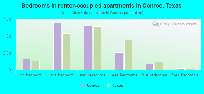 Bedrooms in renter-occupied apartments in Conroe, Texas
