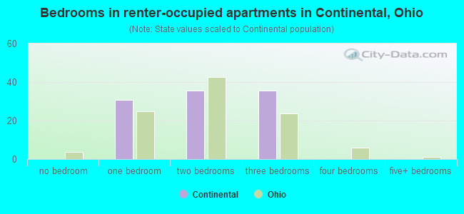 Bedrooms in renter-occupied apartments in Continental, Ohio