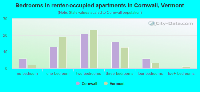 Bedrooms in renter-occupied apartments in Cornwall, Vermont