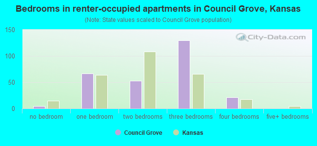 Bedrooms in renter-occupied apartments in Council Grove, Kansas