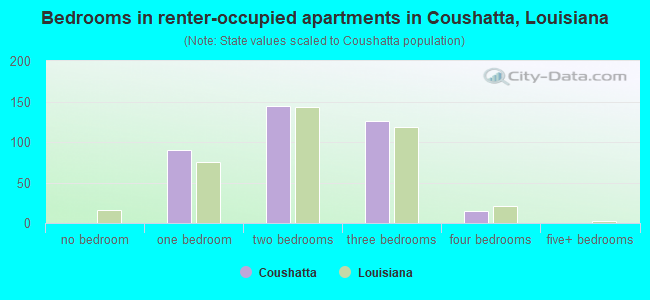 Bedrooms in renter-occupied apartments in Coushatta, Louisiana