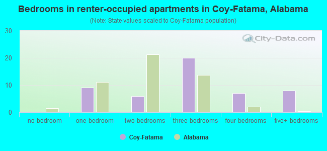 Bedrooms in renter-occupied apartments in Coy-Fatama, Alabama