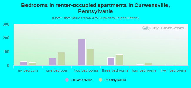 Bedrooms in renter-occupied apartments in Curwensville, Pennsylvania