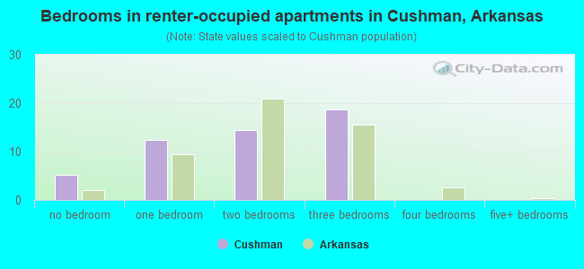 Bedrooms in renter-occupied apartments in Cushman, Arkansas