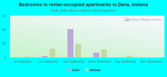 Bedrooms in renter-occupied apartments in Dana, Indiana